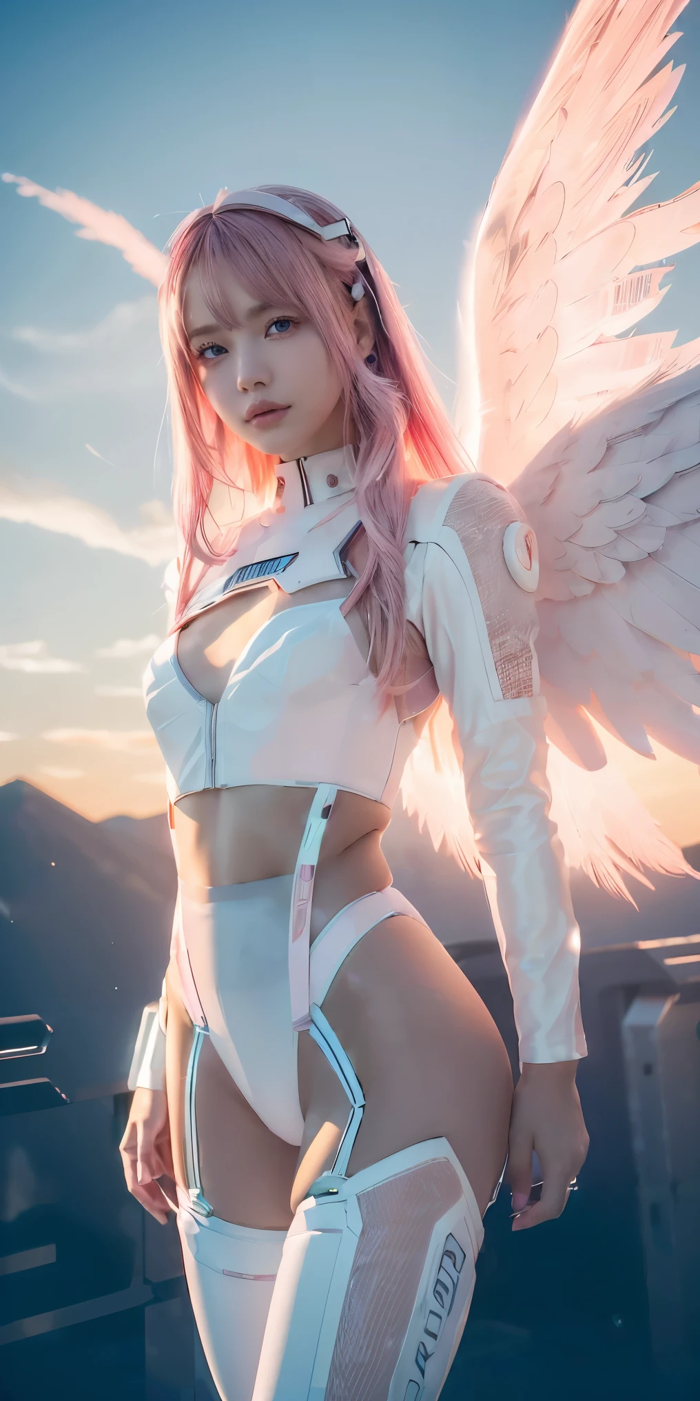 ((masterpiece, best quality, extremely detailed), volumetric lighting, ambient occlusion, colorful, glowing),
1girl, solo, young girl, (pink hair), long hair, halo, aura, sacred, godness, cyber suit, (white outfit:1.3), android, bot, angel wings,
outdoors, sunset, sky, clouds, space, (cyberpunk theme:1.2),