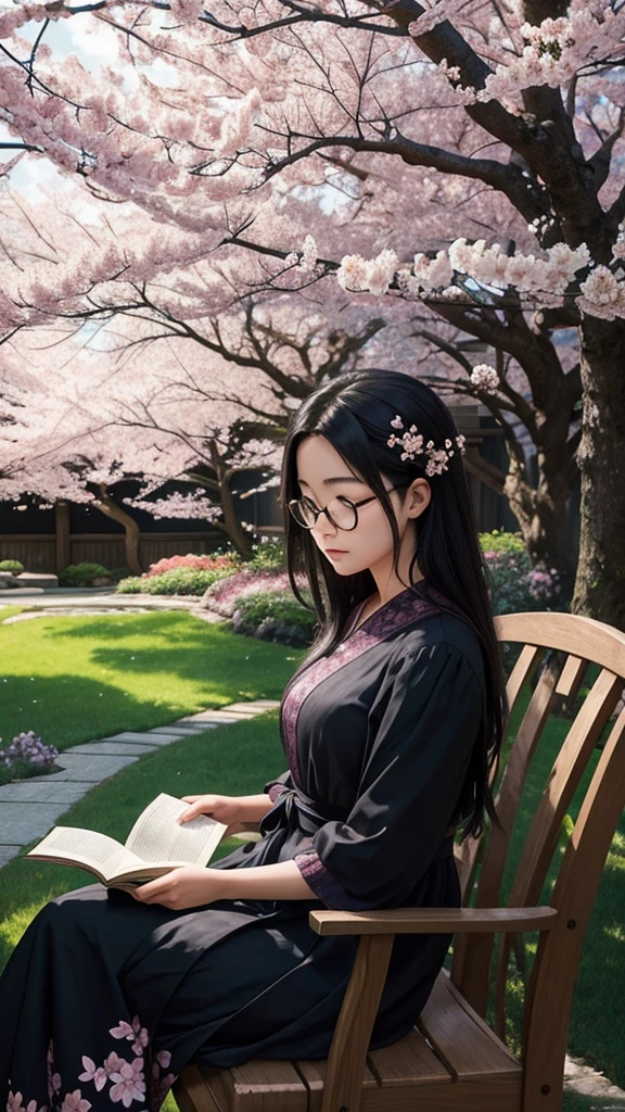A serene backyard garden adorned with cherry blossoms and colorful grass flowers. In the garden, a cozy chair is occupied by a very beautiful young woman with, silky black hair reaching to her shoulders. She has wheatish fair skin and wears a black dress with pink floral patterns. Her round spectacles add to her calm and peaceful demeanor as she reads a book. Beside her sits a furry Labrador dog, faithfully keeping her company. Butterflies flutter around, adding to the tranquility of the scene. The sky is filled with fluffy dark clouds, casting contrast between light and shadow. The interplay of light and shadow on the woman creates a serene and peaceful expression. Illustrate this scene in the delicate, intricate style of Makoto Shinkai, with a beautiful, detailed background reminiscent of Kyoto Animation's works. Capture the calm, peaceful ambiance with high contrast between light and shadow, and a vibrant, scenic color scheme. Include intricate details and an artistic touch, highlighting the cherry blossoms, the garden's flora, and the serene moment