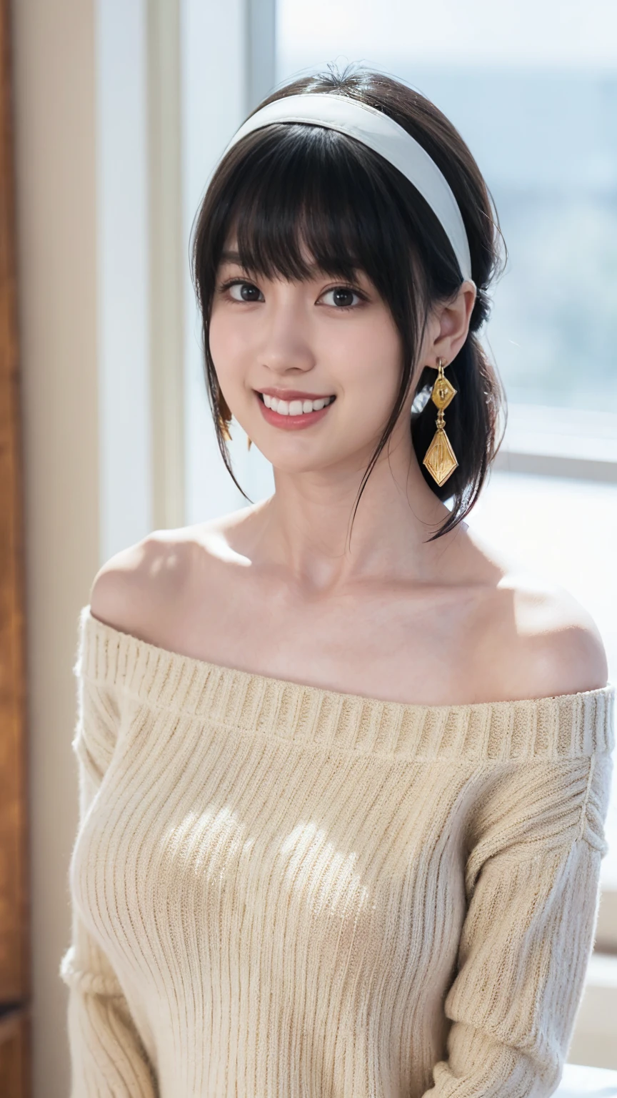 hight resolution、​masterpiece、1girl in、Bjorf、A dark-haired、short hair with long locks、white hairband、Look up、Kamimei、bending forward、smile、Bring your face closer、Red Eyes、Gold Earrings、Jewelry、off shoulders、Red Sweater、long-sleeve, big breast.