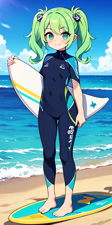 Full body, beautiful eyes , 1 girl  , full body , cute girl , anime style , cute eyes  , (standing up) , ( Marina is a young, energetic woman in her mid-twenties with sun-kissed skin and a bright, friendly smile. She has long, wavy, sea-green hair adorned with small seashells and starfish clips. Marina often wears a sporty, ocean-themed outfit consisting of a wetsuit top and board shorts, ready for both surfing and battling. She carries a surfboard with her, decorated with intricate wave patterns and her gym's emblem. ) , teenage girl , surfer