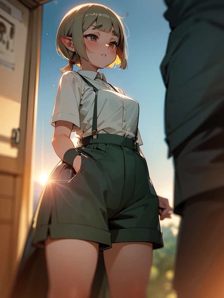 (Sumilux f1.4 50mm , low Latitude old color negative film , cross process , bokeh, flare, chromatic aberration , soft focus, (Shallow focus) , soft glow , Maximum aperture, high Key , Transparent depiction) , hentai anime style , innocent erotica , girl , (Thick thighs) , (Short stature) , (blunt bangs , Pixie Cut , Twin tail hairstyle ) , (round maro eyebrows:1.2) , (Baggy short Culottes) , suspenders , twin melons , Itchy groin , Crotch stain , Holding in the pee