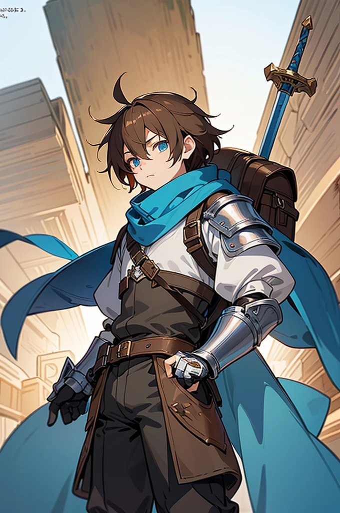 retreat, Scratch your head, Brown hair、Anime character in gloves and blue scarf, single, Draw while standing, Art Style of Rune Factory 5, Maple Story Character Art, raphael, Rune Factory 5, Lovely characters, middle Ages fantasy,Accessories,(Bulky backpack:1.1),sword,(dirty:1.2),armor,Pants,youth,White background, middle Ages, armored, rpg armor, detailed armor, fantasy cloth armor best quality, high resolution, 4K, 8k, Detailed description, Intricate details, Movie Lighting, excellent quality, soft light, face camera, Perfect eyes((Character Concept Art)), MapleStory Gunboy, Aurora Team, Maple Story style, tame character, Male Explorer Mini Cute Boy, Official Character Art, Clear clothing design