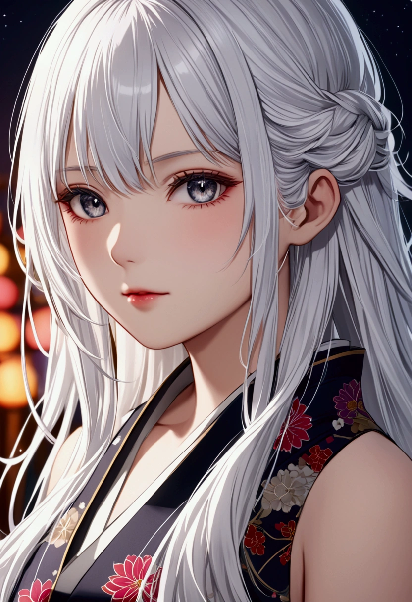 Long white hair , grey eyes, fair skin,Japanese high ,detailed hair, detailed eyes,detailed body, best quality, high resolution, 8k