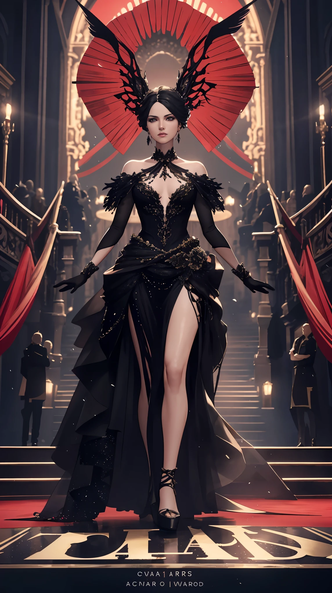 A stunning 4K digital artwork featuring a captivating female character triumphantly winning an Oscar on a red carpet. The background is a cinematic scene, with a dark fantasy ambiance and vibrant hues. The 3D render showcases intricate details, such as the character's elegant gown and the Oscar statue in her hand. The typography adds a dramatic flair, with a bold and elegant font displaying her name. The overall atmosphere is a mesmerizing blend of glamour, mystery, and triumph., 3d render, illustration, cinematic, typography, vibrant, dark fantasy