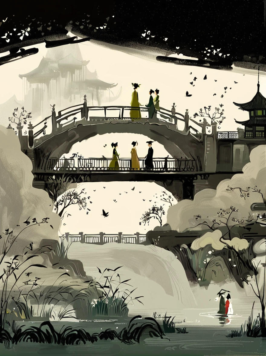(n style of Wu Guanzhong:1.9), concept art ink wash painting of romantic Qixi Festival a chinese boy and girl in hanfu . love story of Weaver Girl and Cowherd, magpie bridge, and starry reunions . monochromatic, loose, fluid, expressive, delicate,colorful . digital artwork, illustrative, painterly, matte painting, highly detailed