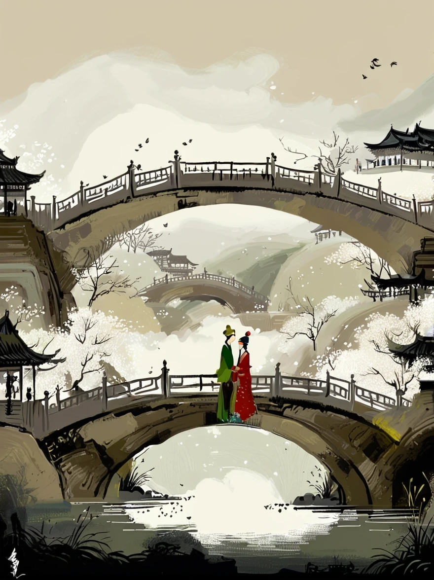 Art graphics, Big fish begonia illustration style,River paintings of boats and buildings in the background, Ancient Chinese Jiangnan landscape,arch bridges,peach blossom,chinese artist, Chinese watercolor painting, Chinese Ancient Architecture, landscape artwork, Chinese watercolor style, dreamy Chinese towns, Chinese Village, Chinese watercolor painting, author:Shen Shizhen's highly detailed cleaning, Authentic illustrations,of the highest quality,Artistic