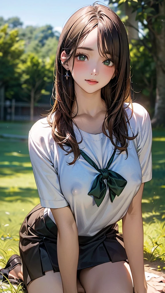 (masterpiece:1.2, top-quality), (realistic, photorealistic:1.4), beautiful illustration, (natural side lighting, movie lighting), 
looking at viewer, cowboy shot, front view:0.6, 1 girl, japanese, high school girl, perfect face, cute and symmetrical face, shiny skin, 
(long hair:1.8, straight hair:1.7, light brown hair), parted bangs, emerald green eyes, long eye lasher, (large breasts:0.9, thick thighs), 
beautiful hair, beautiful face, beautiful detailed eyes, beautiful clavicle, beautiful body, beautiful chest, beautiful thigh, beautiful legs, beautiful fingers, 
(A girl is on all fours in a grassy field. A girl is carrying a large dog on her back.)A complete body. Full hands and legs. 
(The woman is on all fours with a large dog on her back.) Perfect body.
Her nipples are standing even on her shirt. （The skirt is shorter than normal, but even shorter, so short that you can almost see her panties.)The girl has brown hair.

(The skirt is extremely short.) The girl's hair is brown.