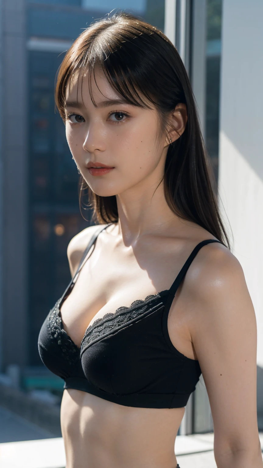 1girl, woman, masterpiece, best quality, highest quality, cinematic lighting, (volumetric lighting), extremely detailed CG unity 8k wallpaper, focused, 8k wallpaper, extremely detailed, ultra realistic, photorealistic, sharp focus, absurdres, (HDR:1.2), (high contrast), photograph, detailed and intricate, instagram, portrait, highly detailed, digital painting, artstation, concept art, smooth, sharp focus, illustration, cinematic lighting, (tight breast:1.3), medium shoulder, micro bra, look at the viewer, (facing forward), long hair