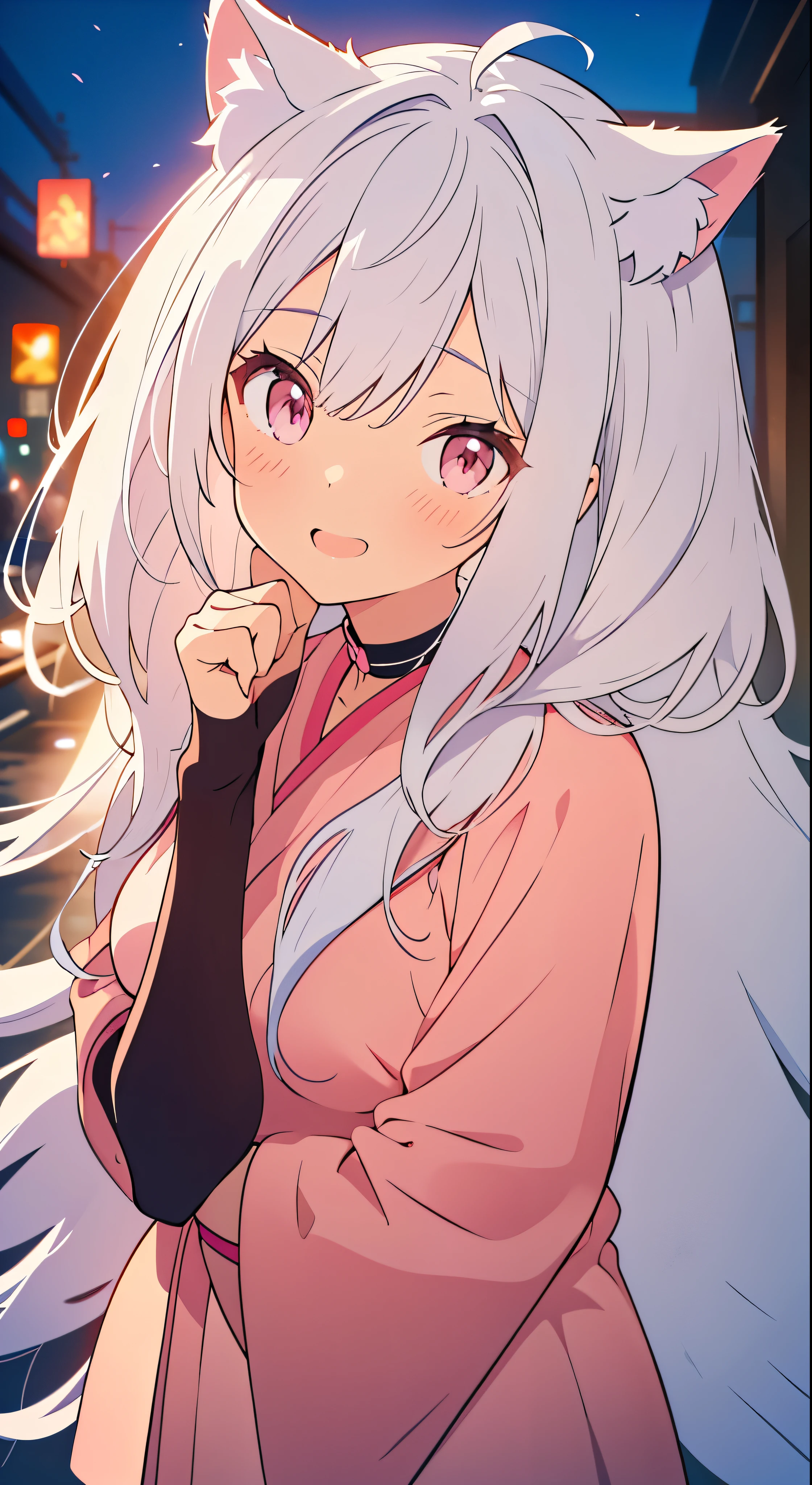 An anime girl with a pair of Cat ears, the inside of the ears a soft white fluff, her eyes wide and curious, she Excited and happy to see me, beautiful eyes, white hair, pink eyes, good art, good drawing, anime 2d, 2d, cute, 2 hands and 5 fingers on each hand, beautiful hands, good drawn hands, 4k, 8k,