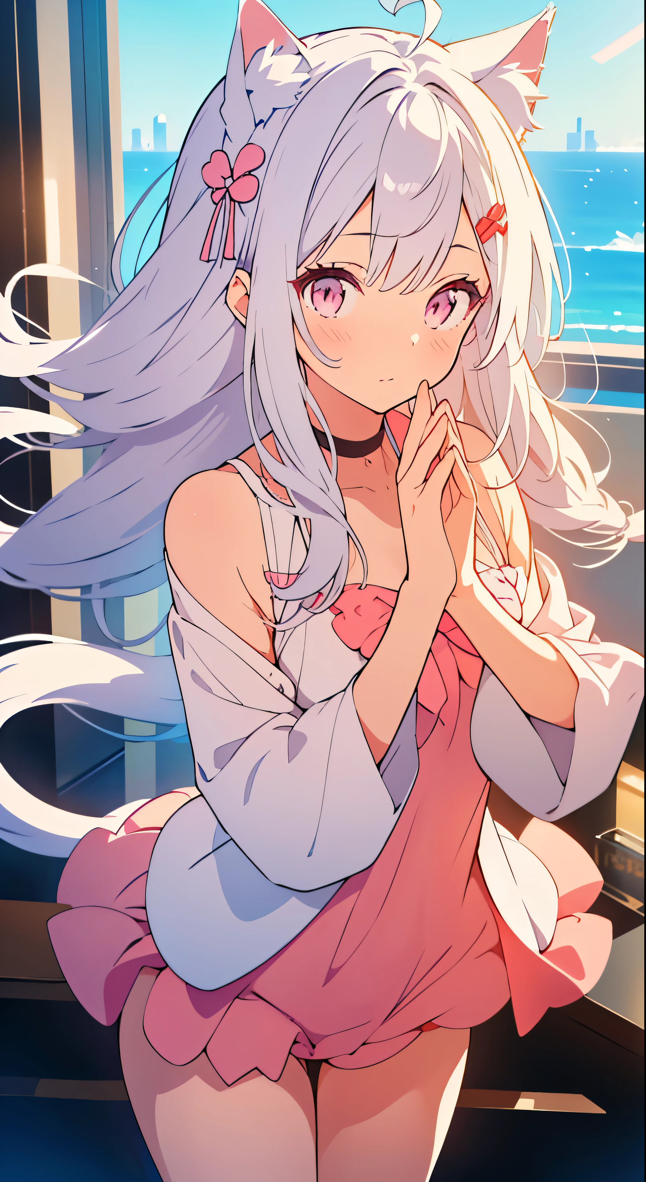 An anime girl with a pair of Cat ears, the inside of the ears a soft white fluff, her eyes wide and curious, she Excited and happy to see me, beautiful eyes, white hair, pink eyes, good art, good drawing, anime 2d, 2d, cute, 2 hands and 5 fingers on each hand, beautiful hands, good drawn hands, 4k, 8k,