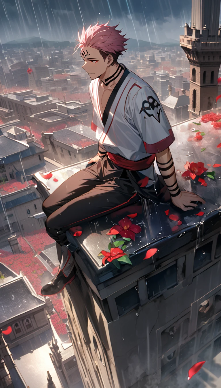 A 25 year old adult man, named "Royaman Sukuna" with pink hair, with a distinctive chiri diwaja tattoo, was sitting on top of the city tower, with the effect of falling rain water drenching him, and red orchid flower petals flying.