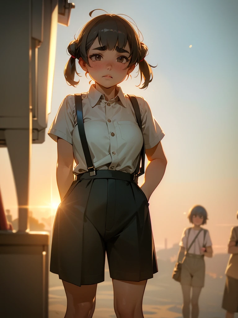 (Sumilux f1.4 50mm , low Latitude old color negative film , cross process , bokeh, flare, chromatic aberration , soft focus, (Shallow focus) , soft glow , Maximum aperture, high Key , Transparent depiction) , hentai anime style , innocent erotica , girl , (Thick thighs) , (Short stature) , (blunt bangs , Pixie Cut , Twin tail hairstyle ) , (round maro eyebrows:1.2) , (Baggy short Culottes) , suspenders , twin melons , Itchy groin , Crotch stain , Holding in the pee