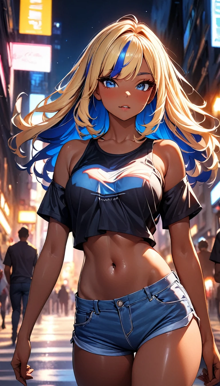 (highest quality:1.2, Very detailed, up to date, Vibrant, Ultra-high resolution, High Contrast, masterpiece:1.2, highest quality, Best aesthetics), Portraiture、girl、slim, Bright colors、Beautiful fine details、Beautiful lip detail、long hair, ((wavy hair:0.4))、messy hair, blonde and blue ((streaked hair:1.3)), highlights hair: 1.3, (medium breast:1), (tan skin:1.3), black tank top, (under boob:0.9),  (crop top navel), sexy short pants, Walking down the busy street at night,  (cowboy shot:1.2),