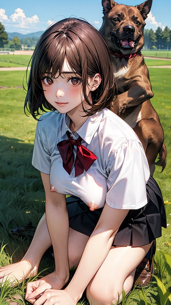 (masterpiece:1.2, top-quality), (realistic, photorealistic:1.4), beautiful illustration, (natural side lighting, movie lighting), 
looking at viewer, cowboy shot, front view, 1 girl, japanese, high school girl, perfect face, cute and symmetrical face, shiny skin, 
(short hair:1.2, bob cut:1.2, brown hair), swept bangs, dark brown eyes, long eye lasher, (large breasts:0.6, seductive thighs), 
beautiful hair, beautiful face, beautiful detailed eyes, beautiful clavicle, beautiful body, beautiful chest, beautiful thigh, beautiful legs, beautiful fingers, 
(A girl is on all fours in a grassy field. A large dog is lying on its belly on the back of a girl.)A complete body. Full hands and legs. White shirt, red bow tie, black pleated miniskirt. Black socks, brown loafers.

(The woman is on all fours with a large dog on her back.) Perfect body.
Her nipples are standing even on her shirt. （The skirt is shorter than normal, but even shorter, so short that you can almost see her panties.)The girl has brown hair.

(The skirt is extremely short.) The girl's hair is brown.