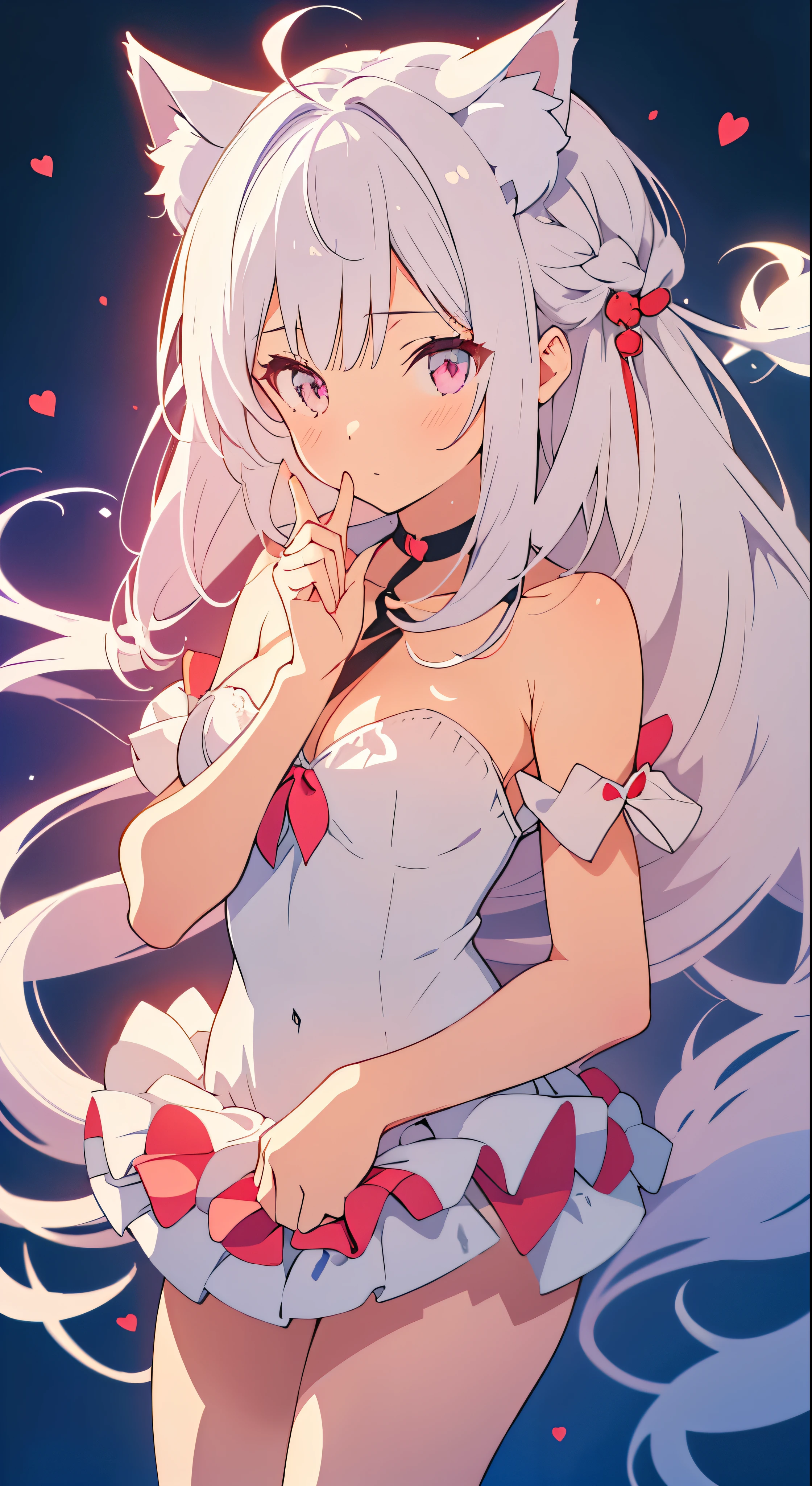 An anime girl with a pair of Cat ears, the inside of the ears a soft white fluff, her eyes wide and curious, she Excited and happy to see me, beautiful eyes, white hair, pink eyes, good art, good drawing, anime 2d, 2d, cute, 2 hands and 5 fingers on each hand, beautiful hands, good drawn hands, 4k, 8k,