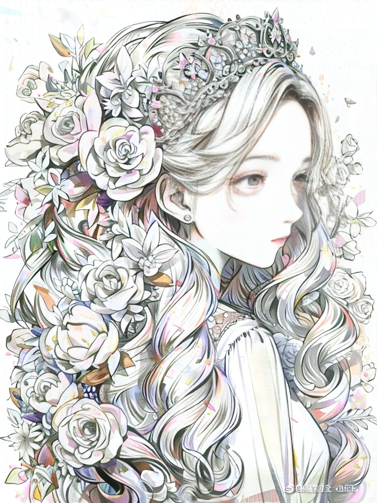 Kizi,pink flowers that, A sparkling diamond crown, blackquality hair,Wearing white lace dress