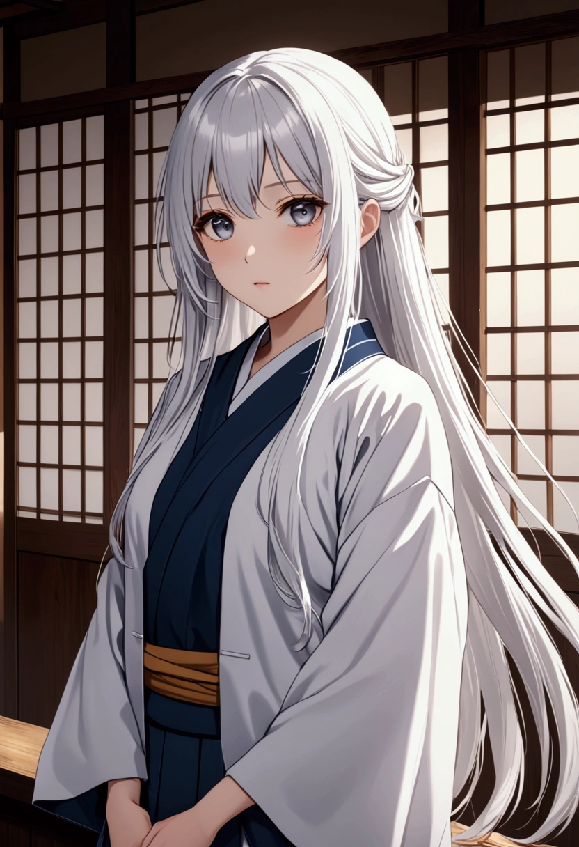 Long white hair , grey eyes, fair skin,Japanese academic uniform ,detailed hair, detailed eyes,detailed body, best quality, high resolution, 8k