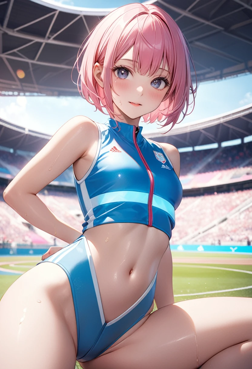female olympic athlete,(((Player Jerseys), (Glowing costumes))), (navel), skindentation, skinny, alone, 1 woman, masterpiece, best quality, best quality, 16,000, incredibly absurd, very detailed, 2.5D, AI creation, delicate and dynamic, very delicate expression, delicate eye description, erotic, only sexy woman, ((cute and friendly face)), healthy appearance, ((25 year old woman)), 160cm tall, Medium firm rocking bust, , (Short hair), (pink hair:1.5), bob cut, black eye, blush, sweat,embarrassing,sexy, ((thin thighs)), (camel toe:0.7), (Visible nipples:0.5), (erect nipples,:0.7), shiny and shiny, Facing the viewer straight, (((in the heat))), ((Oily_skin)), ((dutch angle)), ((erotic pose)), ((all four feet)),, Athletics stadium and Olympic stadium on a sunny day,