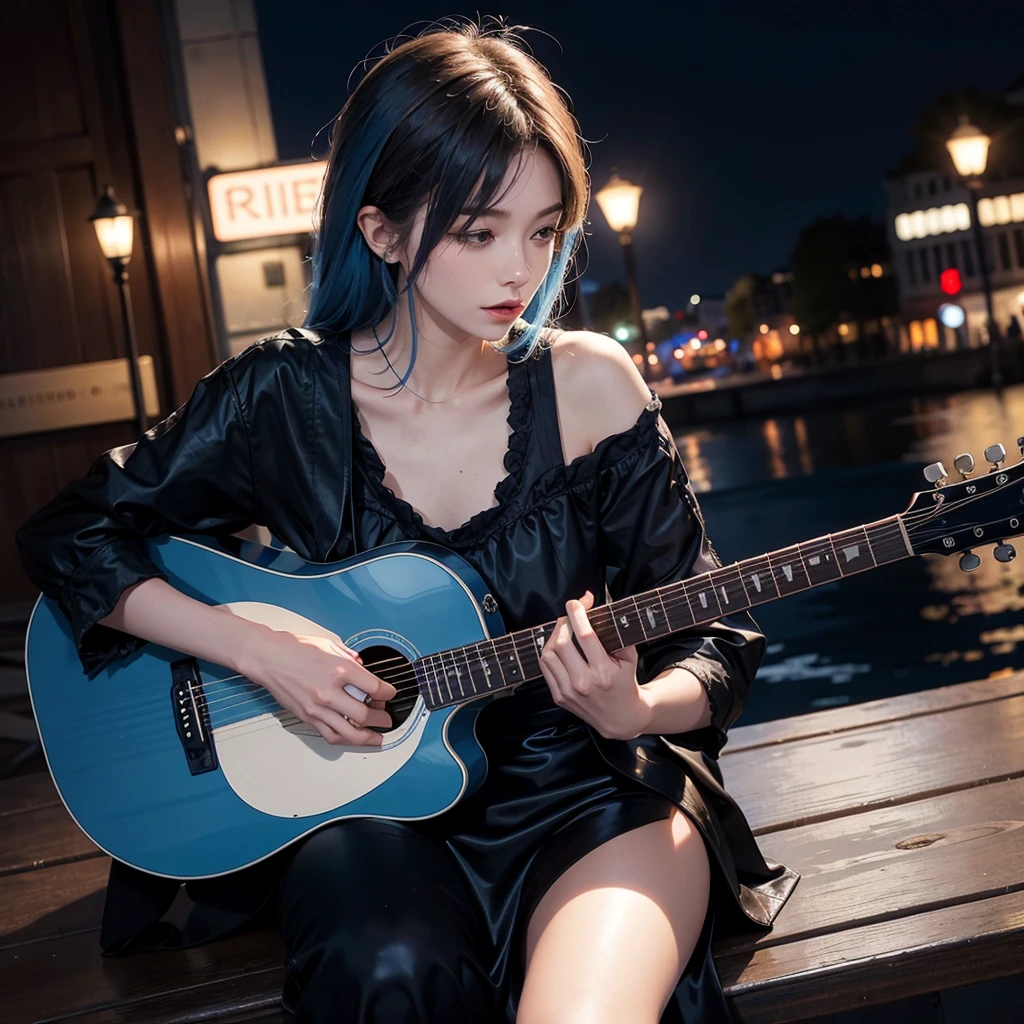 Beautiful woman playing guitar、Gibson style guitar、The guitar is blue、Beautiful women are European、Slender、Tattoo on arm、Hair color is ash、London at night in the background、The weather is rainy