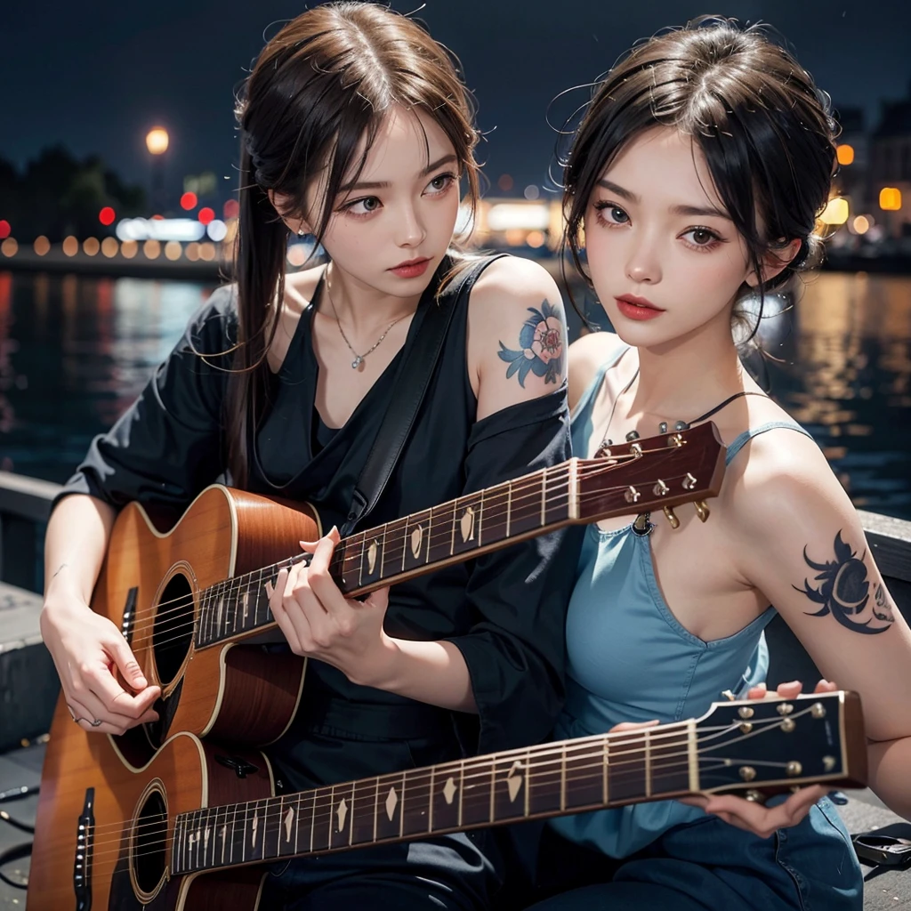 Beautiful woman playing guitar、Gibson style guitar、The guitar is blue、Beautiful women are European、Slender、Tattoo on arm、Hair color is ash、London at night in the background、The weather is rainy