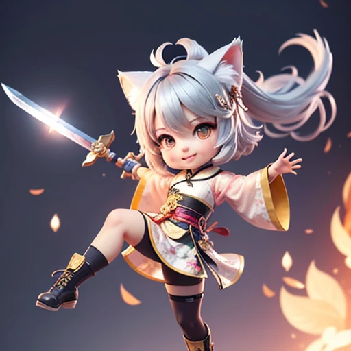 Chibi Character, A silver-haired girl with cat ears wearing Chinese clothing, smile, mini skirt, See-through tights, Combat Boots, Open the chest、(((Flying Sword Kick)))