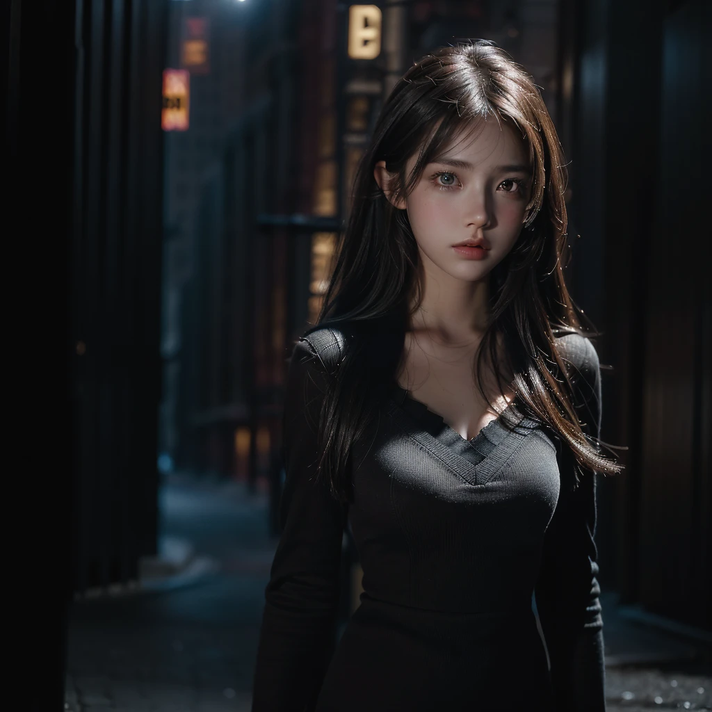 1girl, (looking at viewer:1.2), detail face, (a girl standing, rending on cgsociety, black shadows, streaming, new york backdrop), romanticism, atmospheric, (RAW photo, best quality), (realistic, photo-realistic:1.3), masterpiece, an extremely delicate and beautiful, extremely detailed,