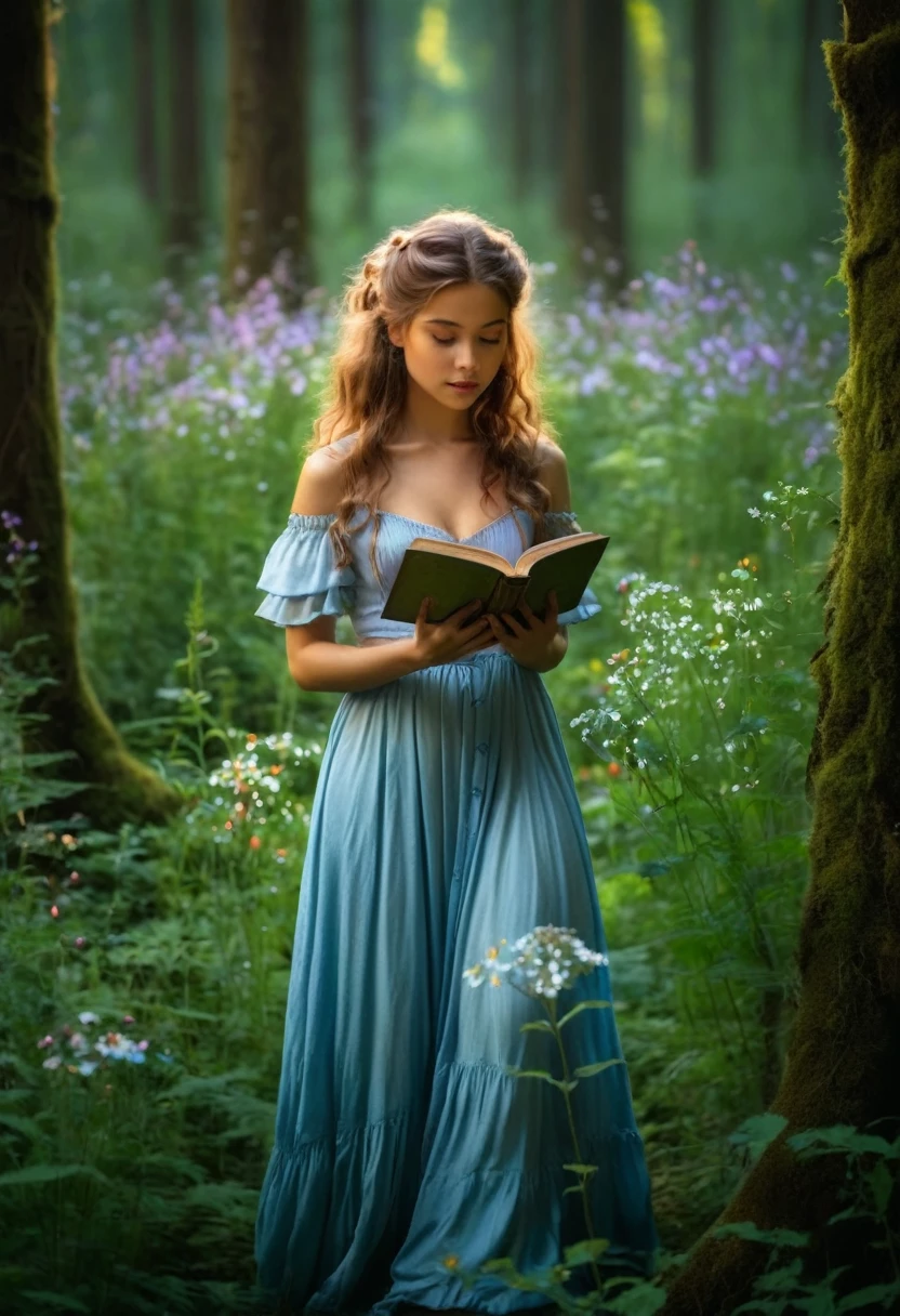 1 girl, extremely beautiful, alone, stands in a dense forest, surrounded by trees and wild flowers, and reads from a magical book