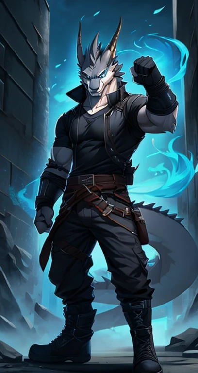 muscular male with black slick pompadour haircut, wearing a sleeveless leather trench coat, has blue scaled dragon arms, has blue dragon horns, has blue dragon scales on chest, grinning, shirtless