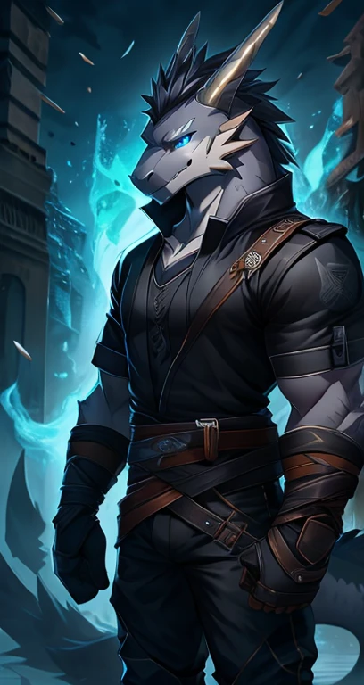 Masterpiece, Cool Pose, Furry Gray Dragon, Medium Strong Body, Blue Eyes, Grey Medium Hair, Combat Black Shirt, Combat Gloves, Combat Pants, Fierce, Good looking