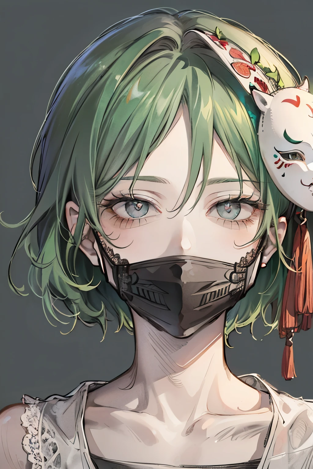 Beautiful young man,green-haired, ((Gray eyes)),(short wave hair:1.2), ((Face mask:1.2)), White tank top,(lace wear),High quality, amount of drawing, pixiv illustration,(torogao - heart-shaped pupils Concept:1.2),((perfect Face:1.1)),close-up Face.