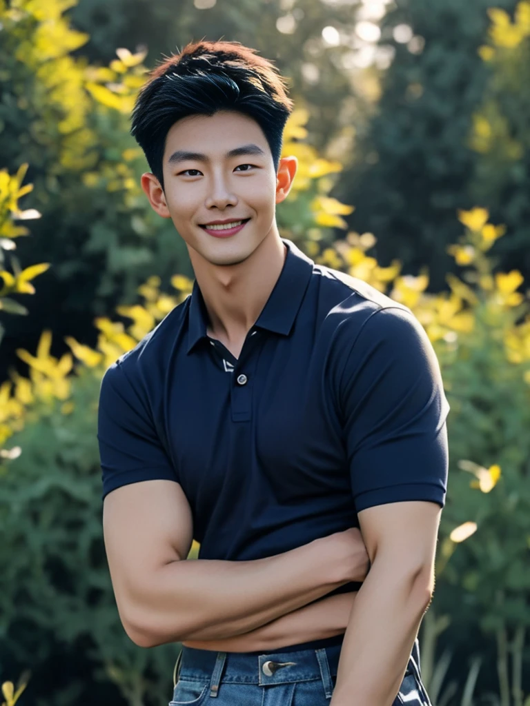 ((realistic daylight)) , Young Korean man in a navy blue polo shirt only, no stripes, and jeans., A handsome, muscular young Asian man looks at the camera. , in the meadow wheat ,turn sideways, smile