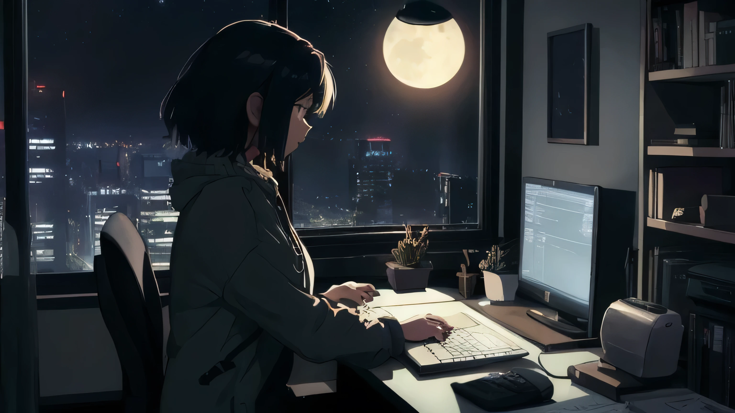 A scene depicting a woman in her twenties, a programmer working in her home office. She has short hair and is intensely focused on her computer screen. It's night, and the room is dark. On the desk, there are a keyboard, a mouse, and several programming books. In the background, moonlight and city lights are visible through a large window. The soft glow of a desk lamp illuminates her workspace. This illustration captures the atmosphere of a quiet and peaceful night, with a woman absorbed in coding alone.