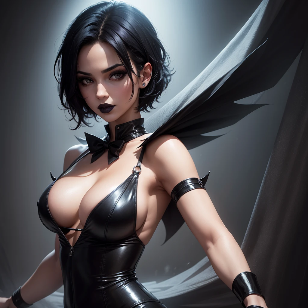 Sexy magician with short black hair. black lipstick with very pronounced bust showing her tits