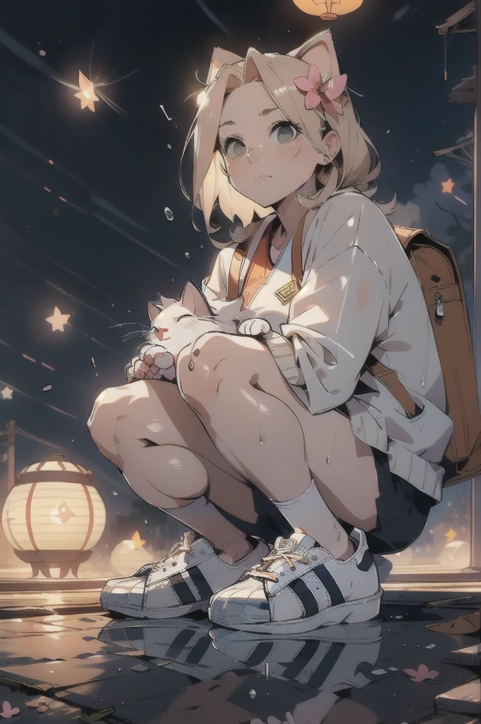 (masterpiece:1.3), (best quality:1.3), (hires, high resolution:1.3), 8k, ultra_detailed, extremely_clear, photograph, beautiful, sharp focus, hdr, BREAK
1girl, night city, rain coat, (holding a cat:1.2), backpack, blonde hair, 80's style, (white sneakers, adidas superstar:1.3), (crouching, looking at viewer), BREAK
japanese architecture, japanese style, japanese markets, lanterns, trees, flowers, bushes, (night time, rain, wet ground, reflections), BREAK
(medium close-up shot, ground level shot), (low key lighting, dimly lit, spot lit), (tilt shift, bokeh, shallow focus),