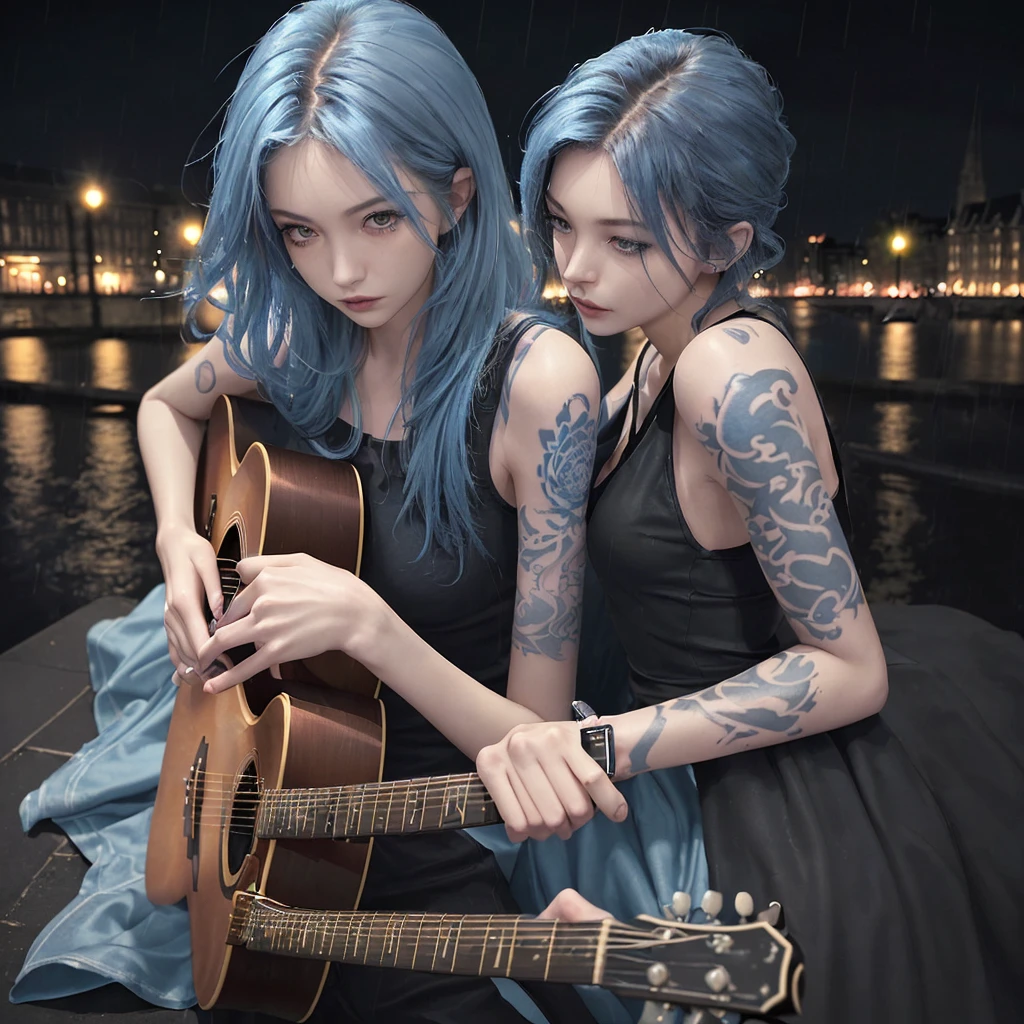 Beautiful woman playing guitar、Gibson style guitar、The guitar is blue、Beautiful women are European、Slender、Tattoo on arm、Hair color is ash、London at night in the background、The weather is rainy
