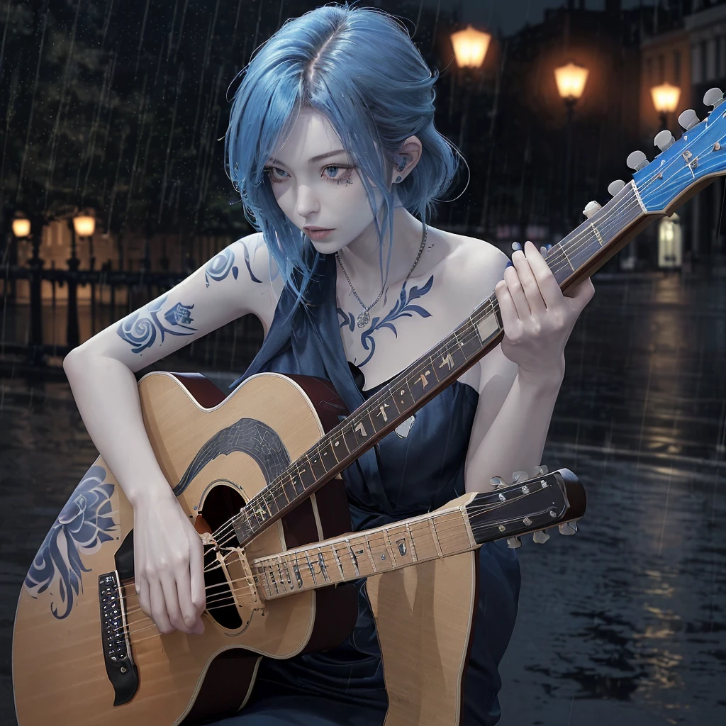 Beautiful woman playing guitar、Gibson style guitar、The guitar is blue、Beautiful women are European、Slender、Tattoo on arm、Hair color is ash、London at night in the background、The weather is rainy