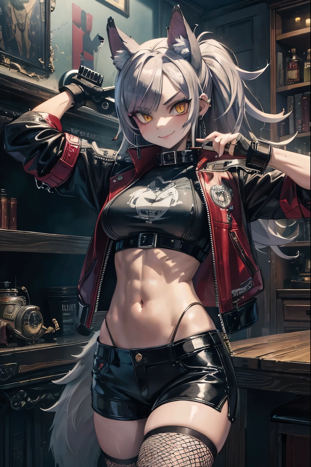 Highest quality, masterpiece, Ultra-high resolution, One Mature Woman,human,Leather jacket with embroidered wolf cartoon,hot pants,Fishnet tights,sneakers,Carrying a bloody bat,Crazy smile,Chopper Bike,Earrings,-Wolf ears,Harlake Inn,Midriff look