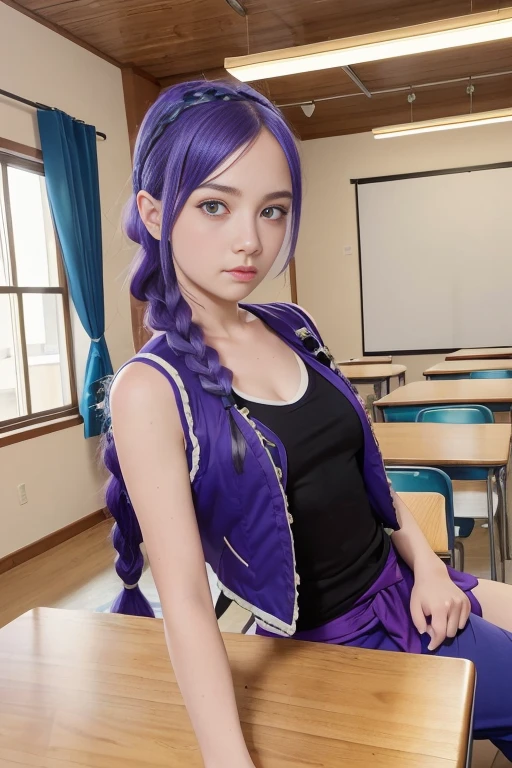 (8k, raw photo, highest quality, masterpiece:1.2), (Realistic, photo-Realistic:1.2), (ultra high resolution), (Super detailed), Disorganized, 1 girl , Jinx from "league of legend", purple eyes, with a small vest, barely covering her breasts ((seraph)), blue hair, very long braided hair, background: Kyōshitsu, Classroom, at the interior, school chair, school desk, blackboard, window, ceiling light, curtain, wood,