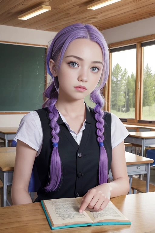 (8k, raw photo, highest quality, masterpiece:1.2), (Realistic, photo-Realistic:1.2), (ultra high resolution), (Super detailed), Disorganized, 1 girl 10 years old, Jinx from "league of legend", purple eyes, with a small vest, barely covering her breasts ((seraph)), blue hair, very long braided hair, background: Kyōshitsu, Classroom, at the interior, school chair, school desk, blackboard, window, ceiling light, curtain, wood,
