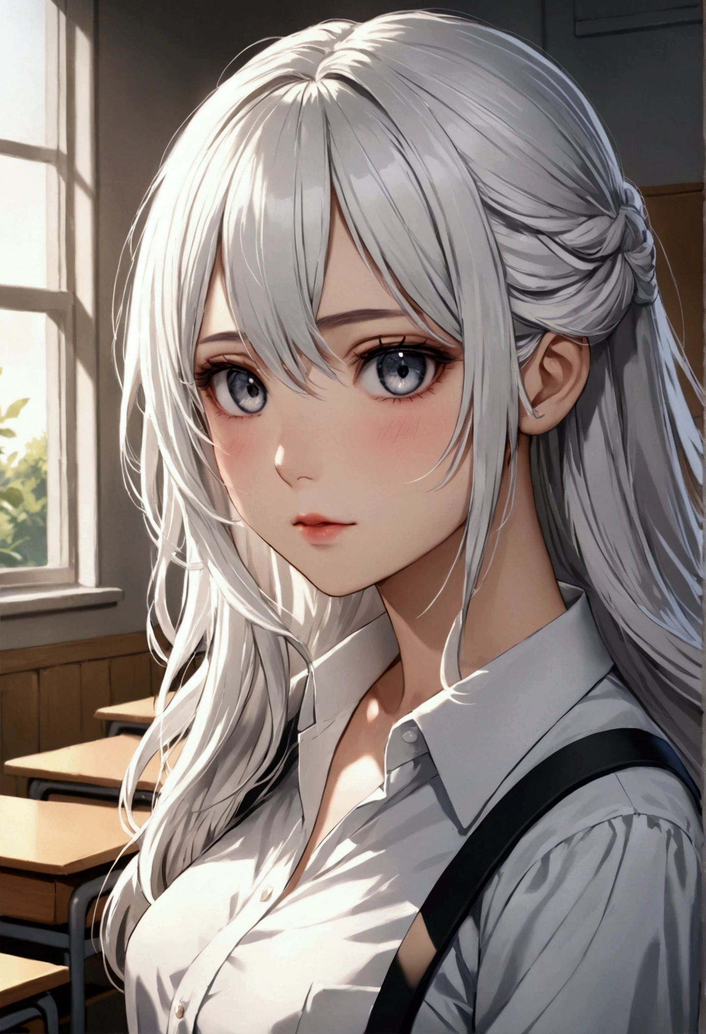 Long white hair , grey eyes, fair skin,teacher ,detailed hair, detailed eyes,detailed body, best quality, high resolution, 8k