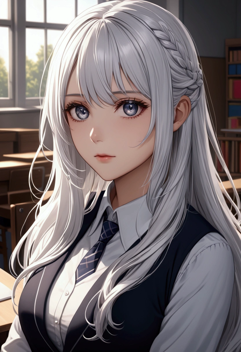 Long white hair , grey eyes, fair skin,teacher ,detailed hair, detailed eyes,detailed body, best quality, high resolution, 8k