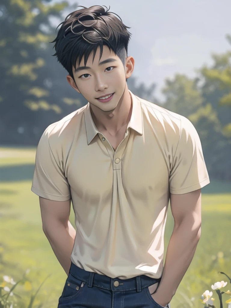 ((realistic daylight)) , Young Korean man in a navy blue polo shirt only, no stripes, and jeans., A handsome, muscular young Asian man looks at the camera. , in the meadow wheat ,turn sideways, smile