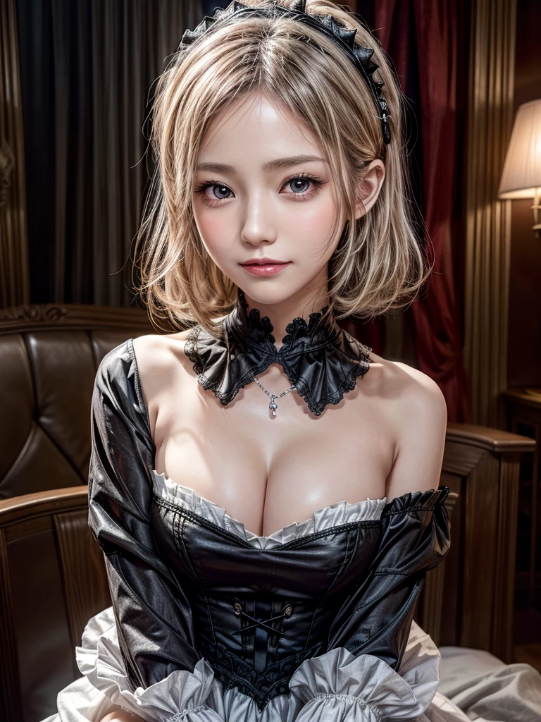 (8K, Photorealistic, Raw photo, of the highest quality: 1.3), (1girl in), Super beautiful, (Realistic face), (boyish, Silver Color Berry Shorthair), Beautiful , Glare that captivates the viewer, Beautiful expression, Beautiful breasts, (Realistic skin), Be...Super high quality, super high definition, super detailed, masterpiece, 20years old, female, cute, perfect face, beautiful, nice body, gothic ta clothes, gothic loliashion, frilly skirt, headdress, necklace, bracelet, knee-high socks, boots, double eyelids, tear bags, Detailed down to the fingers, photo-like description, indoors, dim indoor lighting, blonde hair, pony tail, standing, whole body, composition that shows the whole body, smiling