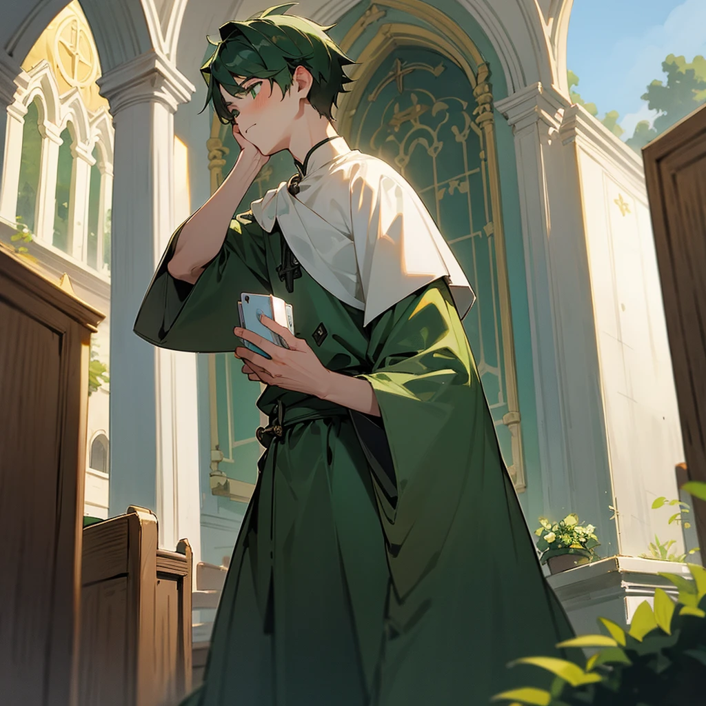 Cute boy in green、Church and hill