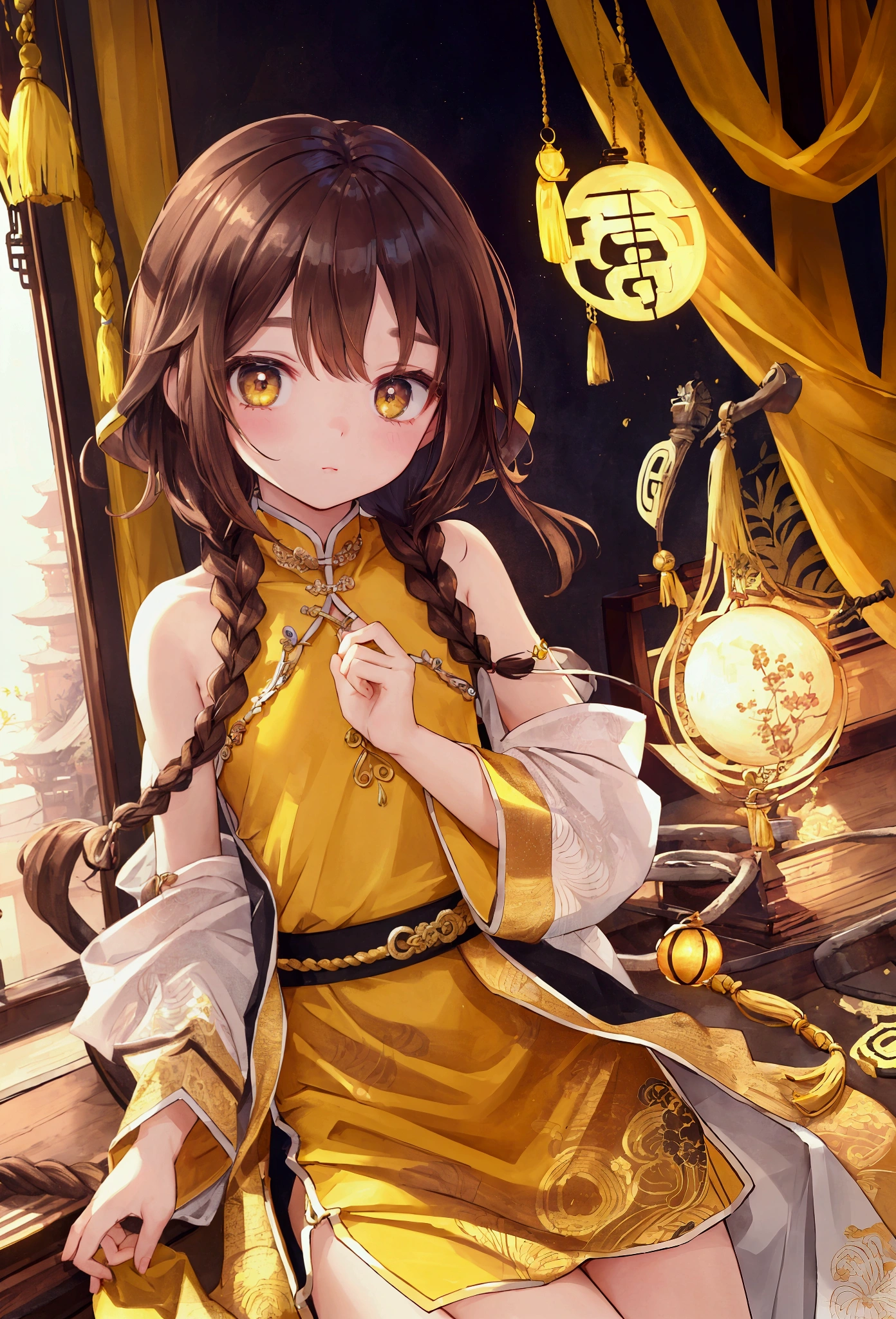 masterpiece, best quality,flat chest, cute eyes, twin braid, dark brown hair,yellow antiquity chinese clothes
