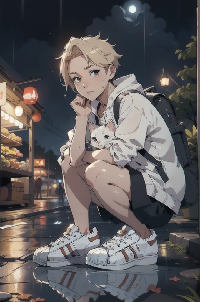 (masterpiece:1.3), (best quality:1.3), (hires, high resolution:1.3), 8k, ultra_detailed, extremely_clear, photograph, beautiful, sharp focus, hdr, BREAK
1boy, night city, rain coat, (holding a cat:1.2), backpack, blonde hair, 80's style, (white sneakers, adidas superstar:1.3), (crouching, looking at viewer), BREAK
japanese architecture, japanese style, japanese markets, lanterns, trees, flowers, bushes, (night time, rain, wet ground, reflections), BREAK
(medium close-up shot, ground level shot), (low key lighting, dimly lit, spot lit), (tilt shift, bokeh, shallow focus),