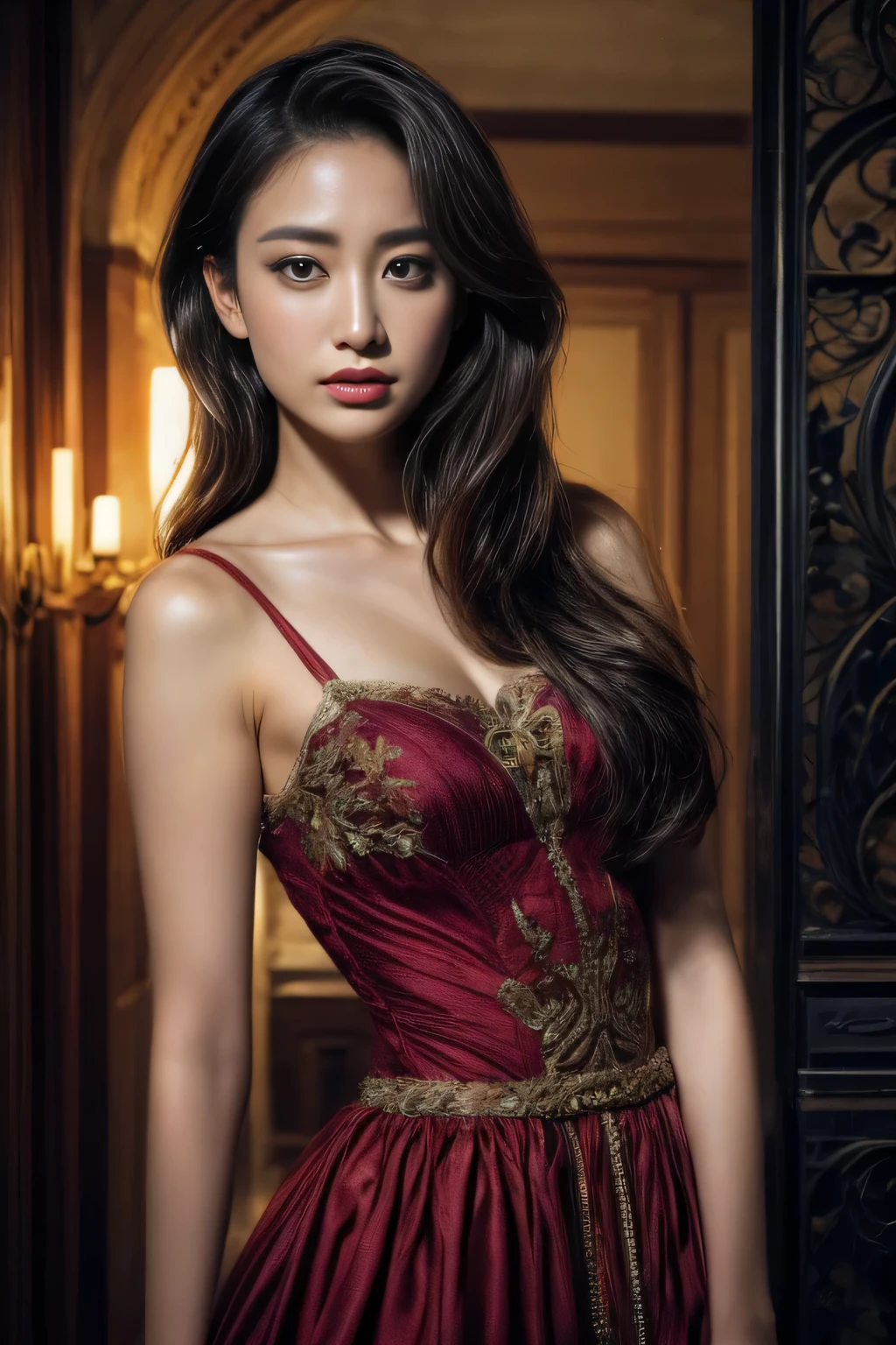 Formula art、Unity 8k wallpaper、Super detailed、beautiful、beautiful、masterpiece、Highest quality、dark、Atmospheric、mysterious、romantic、Creepy、literature、art、fashion、Ming and Qing dynasties、Decoration、complicated、Ironwork、embroidery、ponder、Depth of emotion、supernatural、 One girl、独奏、head、Bust Configuration、Hanfu with bare shoulders、Beautiful cleavage、