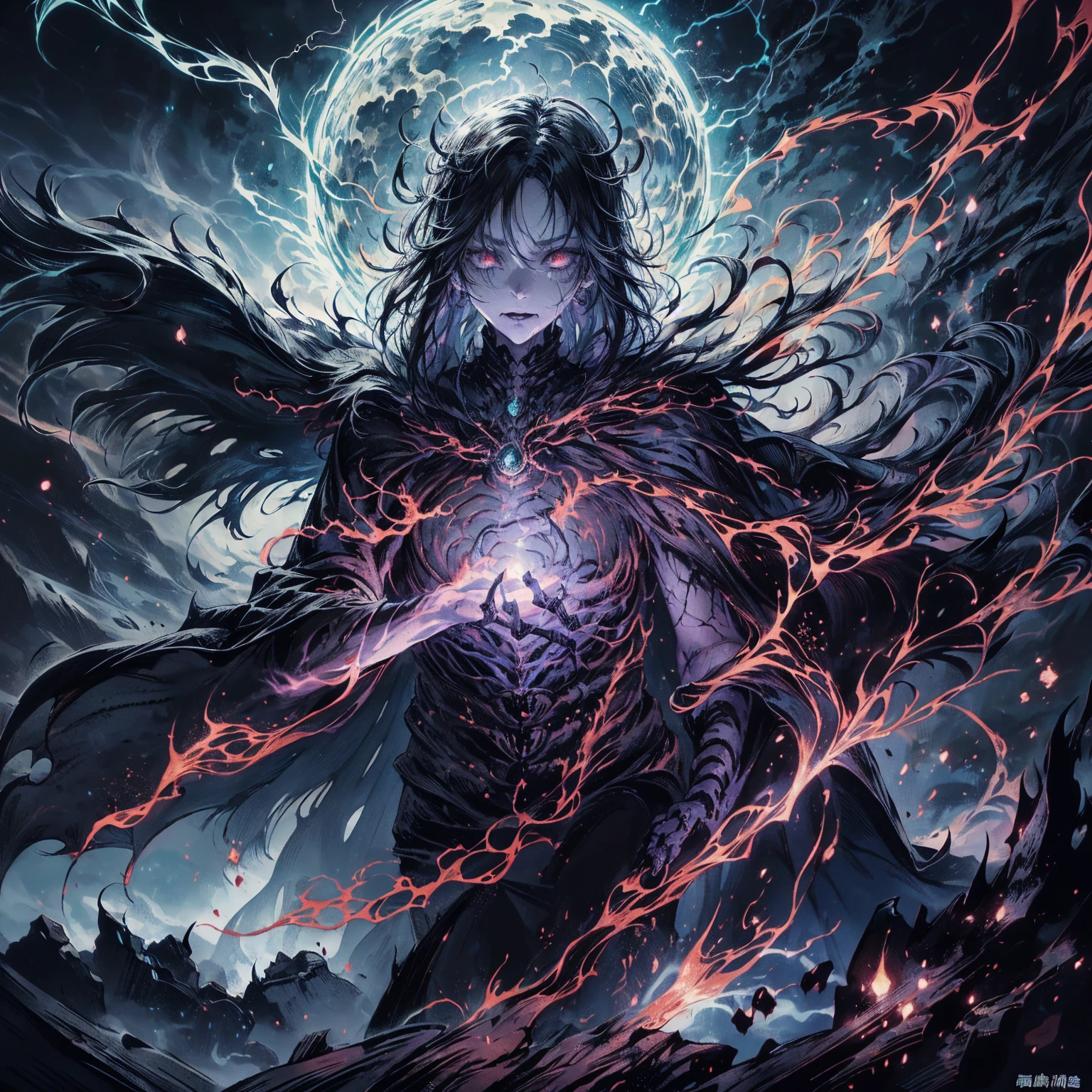 Black Hair动漫人物, Detailed cover design, Anime epic artwork, detailed key anime art, Be focused, dark fantasy artwork, Anime Fantasy Artwork, Official artwork with high detail, Dark Witch Panorama, Lich Vecna (d&d), (whole body:1.5), (Wide-angle lens:1.2), best quality, 4K, high resolution, (masterpiece:1.2), Very detailed, (current:1.37), (Anatomically correct:1.2), Mood lighting, Undead girl in a long cloak, Black Hair, 除了头仍然是美丽的人脸之外whole body都是骷髅骨头, Wearing a tattered gothic skirt, A sense of alienation, Dangerous sneer, Smiling and crying, Facing the camera, Pitch black sky, Blood red moon, strange atmosphere, Gothic style, Unforgettable beauty, Dramatic shadows, Ethereal Light, Mysterious atmosphere, Resurrection from the grave, The Black Magic, Dead, Dark Force (StarWar), Force lightning radiates from fingertips.