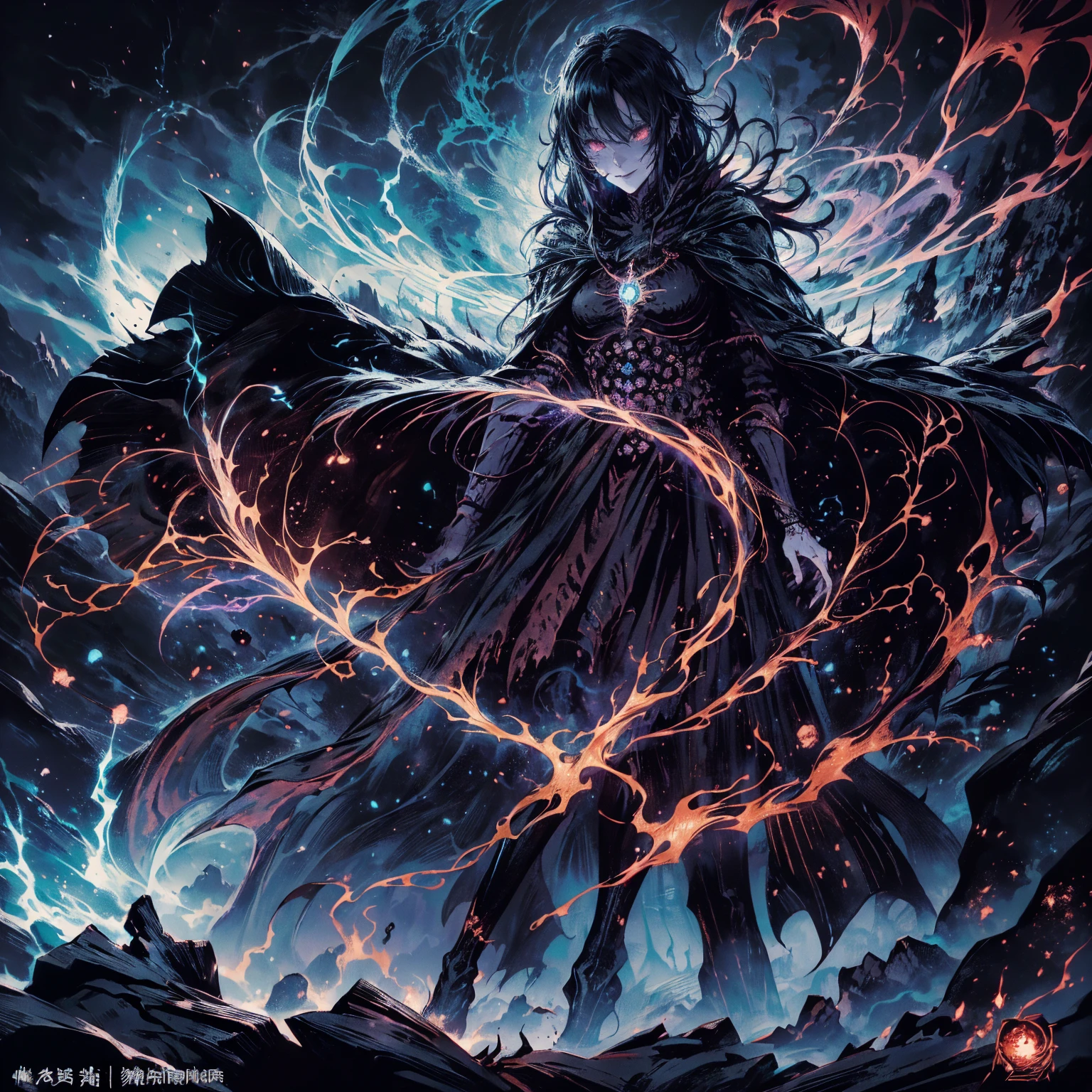 Black Hair动漫人物, Detailed cover design, Anime epic artwork, detailed key anime art, Be focused, dark fantasy artwork, Anime Fantasy Artwork, Official artwork with high detail, Dark Witch Panorama, Lich Vecna (d&d), (whole body:1.5), (Wide-angle lens:1.2), best quality, 4K, high resolution, (masterpiece:1.2), Very detailed, (current:1.37), (Anatomically correct:1.2), Mood lighting, Undead girl in a long cloak, Black Hair, 除了头仍然是美丽的人脸之外whole body都是骷髅骨头, Wearing a tattered gothic skirt, A sense of alienation, Dangerous sneer, Smiling and crying, Facing the camera, Pitch black sky, Blood red moon, strange atmosphere, Gothic style, Unforgettable beauty, Dramatic shadows, Ethereal Light, Mysterious atmosphere, Resurrection from the grave, The Black Magic, Dead, Dark Force (StarWar), Force lightning radiates from fingertips.