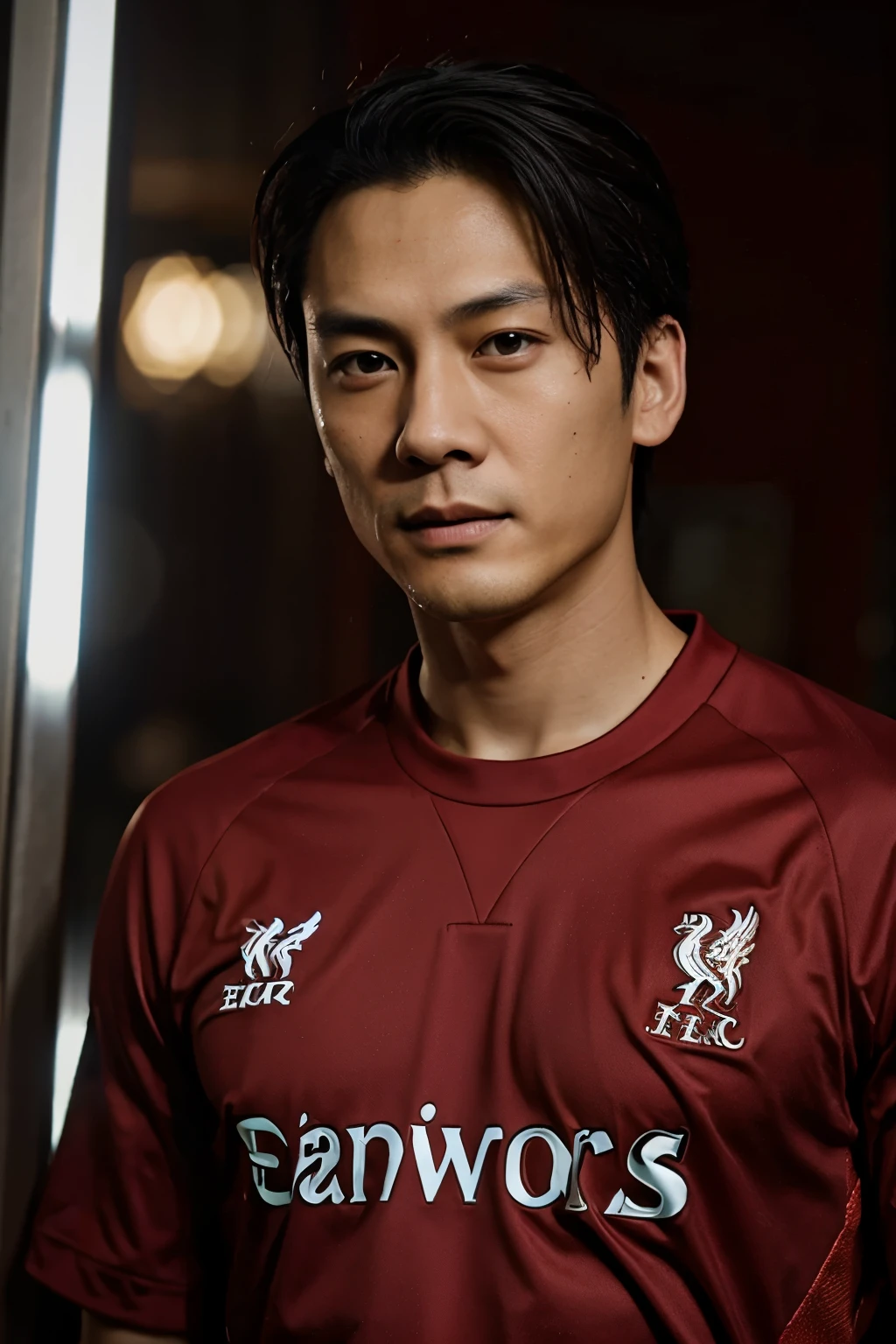Draw a picture of Daniel Wu wearing a Liverpool jersey